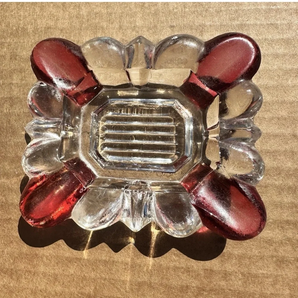 Vintage Ruby Stained Clear Glass Trinket Dish Ashtray
